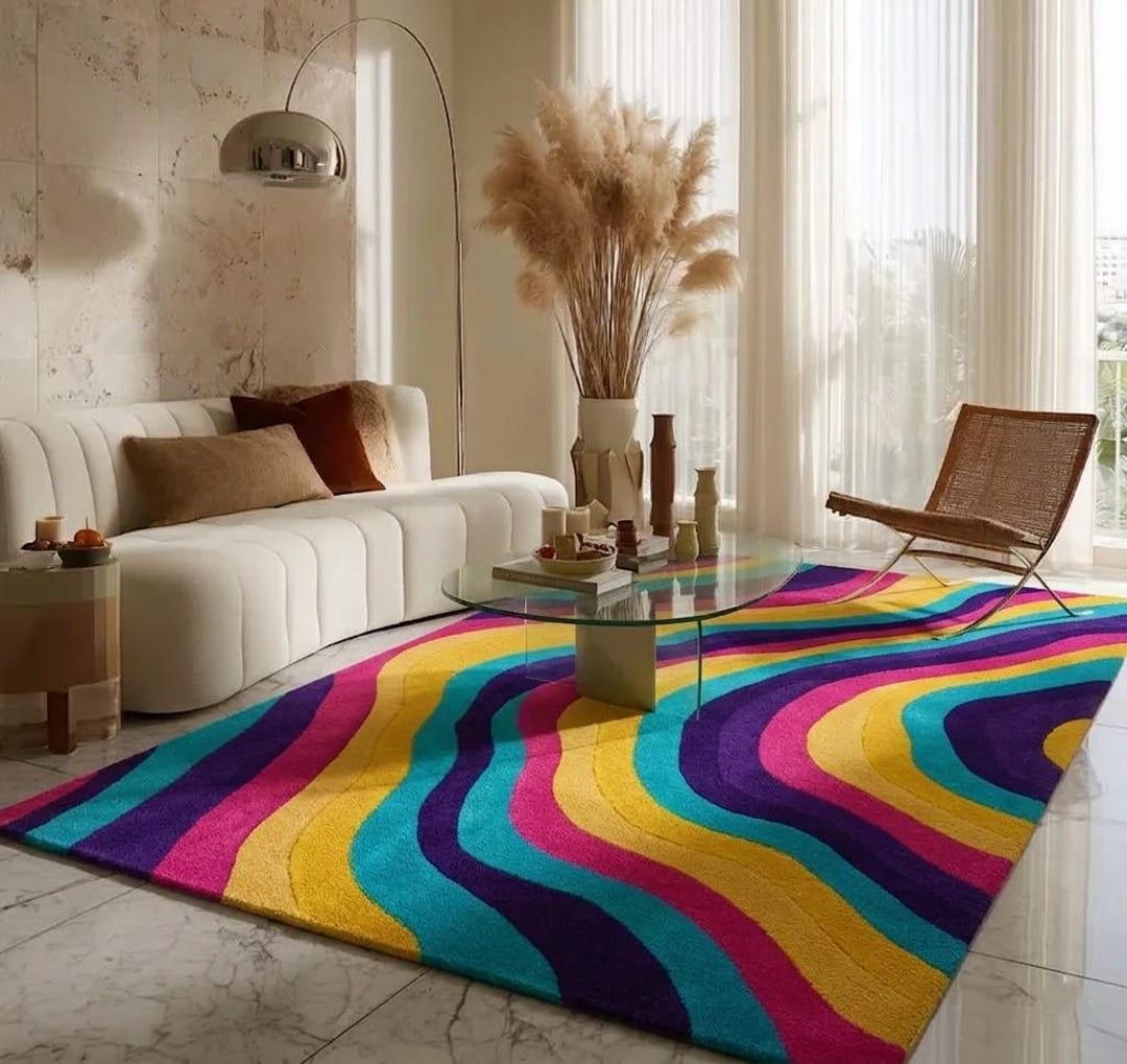 Wool Rainbow Rug Colorful Wavy Tufted Rug, Retro Rainbow Wool Rug, Abstract Custom ...