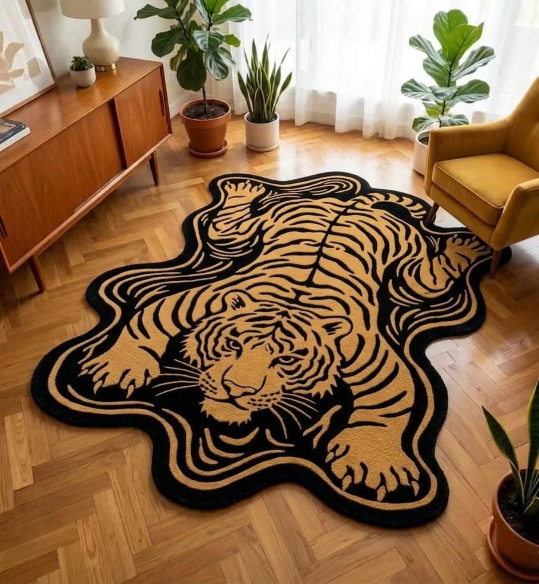 Tiger Shape Rug Hand Tufted Tiger Rug, Animal Shape Irregular Rug, Bold Yellow Black ...