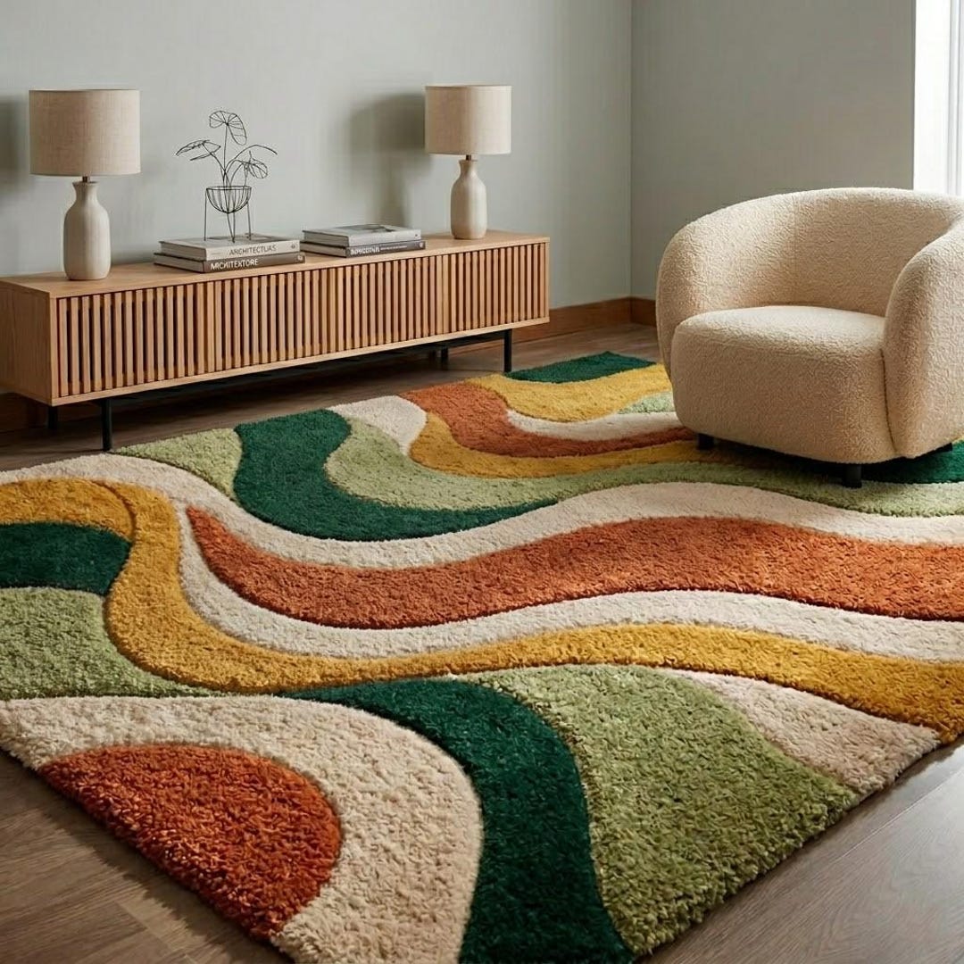 Mid Century Hand Tufted Rug, 70s Retro Wavy Wool Rug, Green Rust Area ...