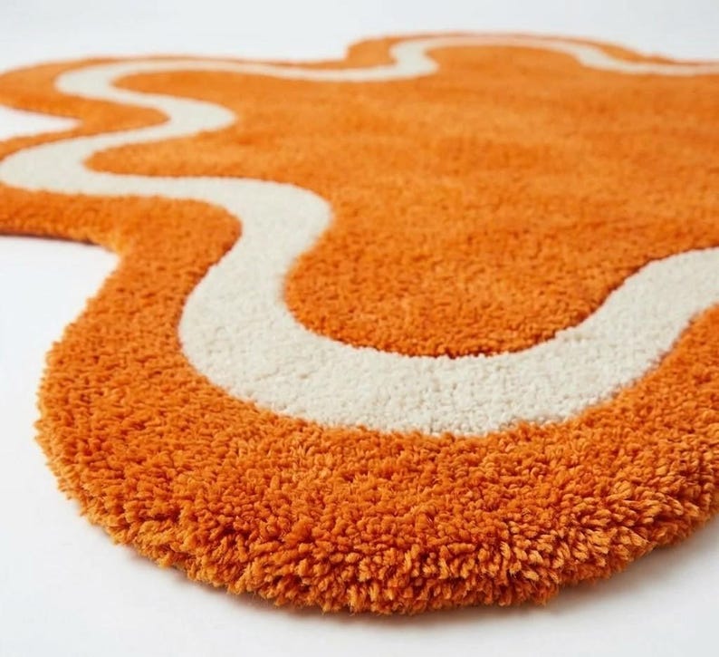 Wavy Edged Rug Hand Tufted Wavy Abstract Rug, Irregular Shape Area Rug, Modern Orange ...
