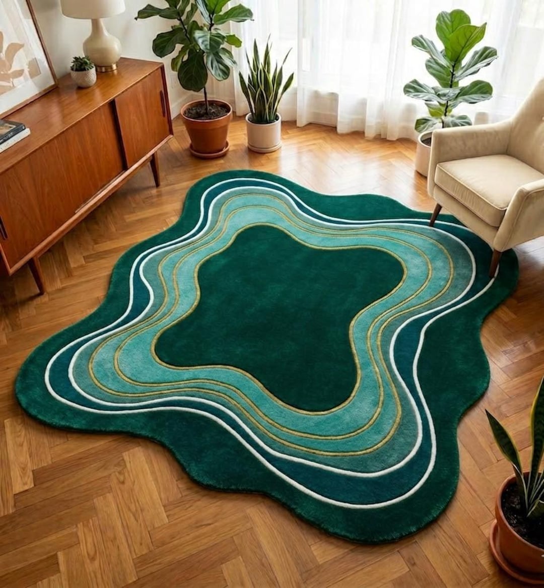 Organic Contour Rug Abstract Green Contour Rug, Irregular Shape Tufted Rug, Modern Wavy ...