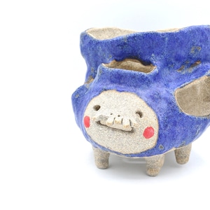 Handmade Ceramic Head Planter: Blue Teeth Creature Pot - Made in USA