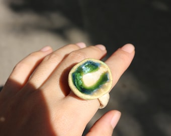 handmade ceramic ring, deep green ceramic ring, size 6 chunky ceramic ring , statement ring, statement ceramic jewelry, green ring handmade