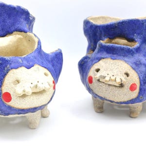 Handmade Ceramic Head Planter: Blue Teeth Creature Pot