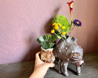 ceramic creature vase,vase, small ceramic vase, handmade ceramic vase, miyazaki inspired,ceramic vase,studio ghibli, people vase with face