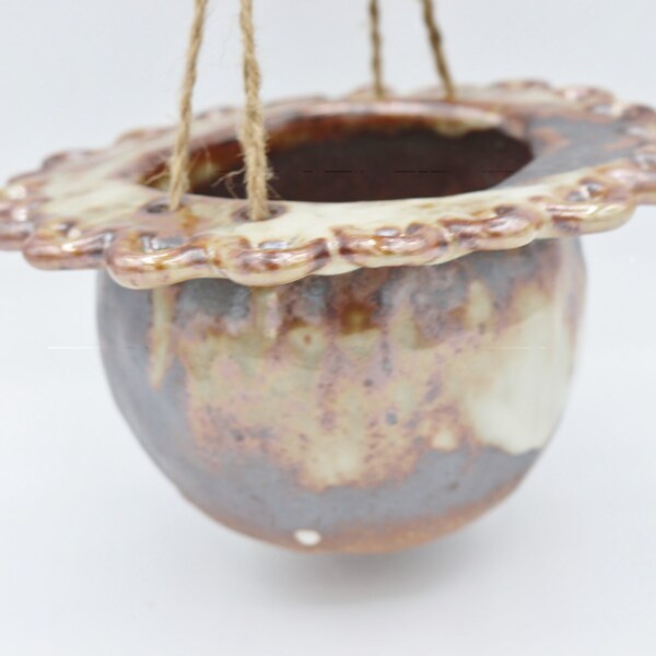 Handmade Ceramic Hanging Planter: Shino Glazed Stoneware, Made in USA