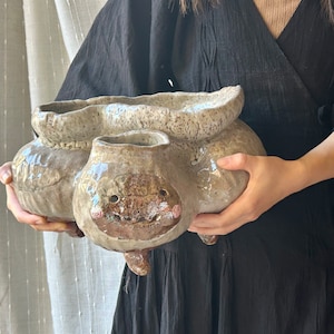 Puede incluir: Una maceta de cerámica con un diseño caprichoso. La maceta tiene forma de criatura con una boca ancha y dos patas. La maceta está esmaltada en color marrón y blanco con un acabado moteado.