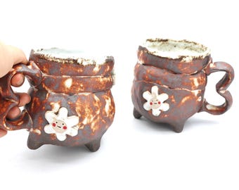 handmade ceramic mug, footed mug, orange clay mug, pottery head mug, smiley happy face mug, stoneware mug, made in USA