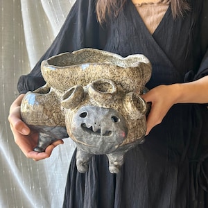 Puede incluir: Una maceta de cerámica con un diseño caprichoso y de dibujos animados. Tiene un acabado texturizado, gris y marrón con una cara negra y cuatro patas. La maceta tiene múltiples aberturas para plantas.