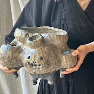 Puede incluir: Una maceta de cerámica con una cara de dibujos animados caprichosa y múltiples aberturas para plantas. La maceta está esmaltada en un color marrón claro y gris con una superficie texturizada.