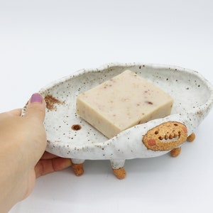 ceramic soap dish with drain,sponge holder for kitchen sink,soap holder,soap saver,self draining soap tray, studio ghibli, white spoon rest image 2