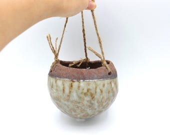 Hand-Pinched Ceramic Hanging Planter Pot with Braided Rope
