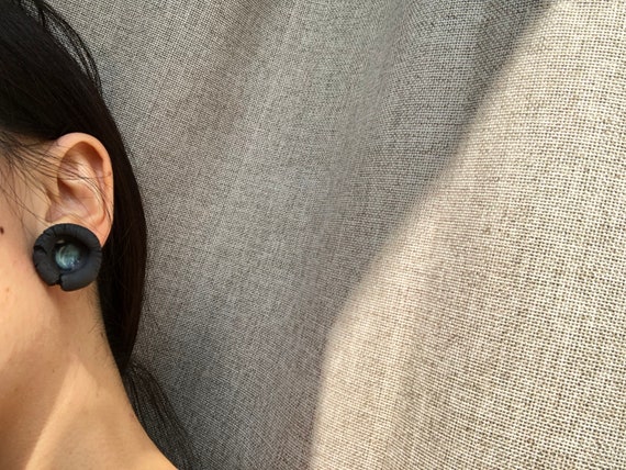 Handmade Ceramic Earrings Black, Stud Blue Earrings, Statement