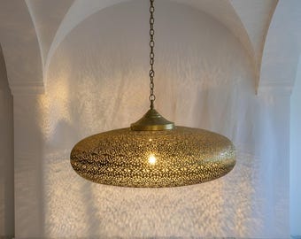 Hand-Pierced Moroccan Brass Pendant Lamp | Closed Dome Lantern | Boho Ceiling Light, Spiral Pattern Decor