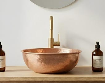 Hand Hammered Copper Vessel Sink – Round Bathroom Vanity Bowl, Rustic Modern Wash Basin