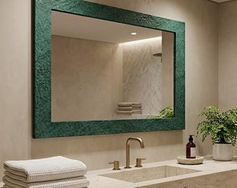 Handmade Hammered Copper Mirror, Green Patina Textured Frame, Rustic Entryway Bathroom Decor