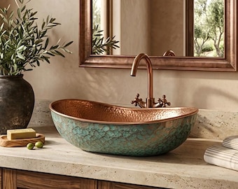 Lavabo in rame fatto a mano – Lavabo da bagno con patina verde, lavabo rustico di lusso