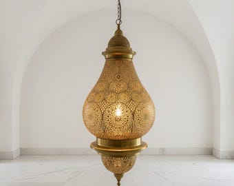 Moroccan Brass Pendant Lamp | Handmade Boho Hanging Lantern | Islamic Ceiling Light | Vintage Arabesque Decor