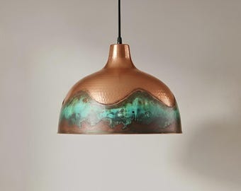 Hammered Copper Pendant Lamp – Green Patina Hanging Ceiling Light for Kitchen Island