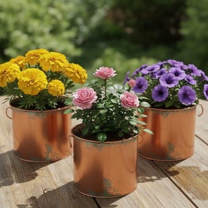 May include: Three copper-colored planters with flowers sit on a wooden table. The flowers include yellow marigolds, pink roses, and purple petunias. The planters have small handles and a distressed finish.