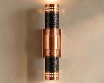 Hammered Copper Wall Sconce – Dual Light, Verdigris Patina, Artisan Lighting