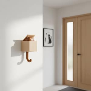 May include: A whimsical wall-mounted hook featuring a tan box with a cat-shaped design. The hook extends downward, and a cat figure peeks out from the box's opening. The design is mounted on a white wall, adding a touch of playful decor.