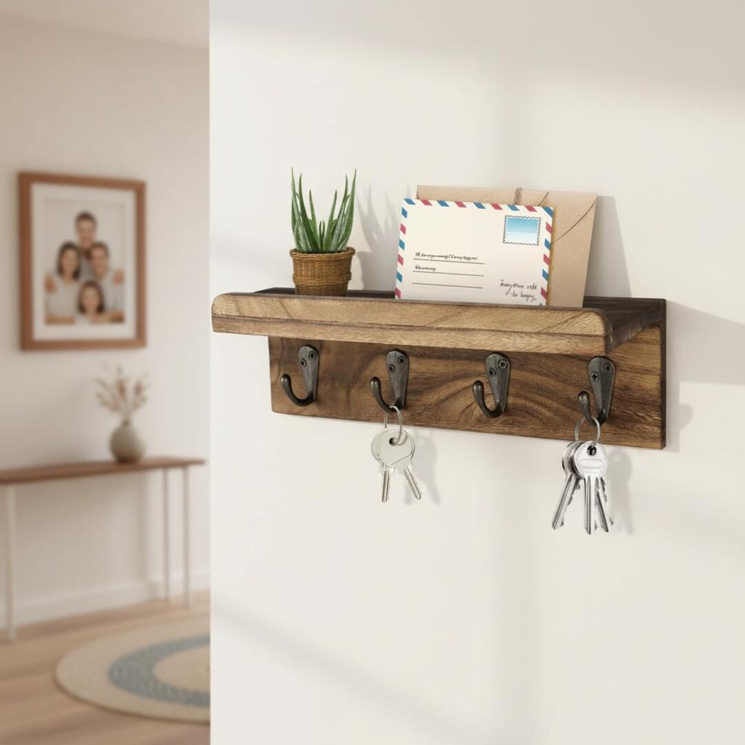 Rustic Wooden Key Holder With Shelf, Entryway Organizer, Wall Mounted ...