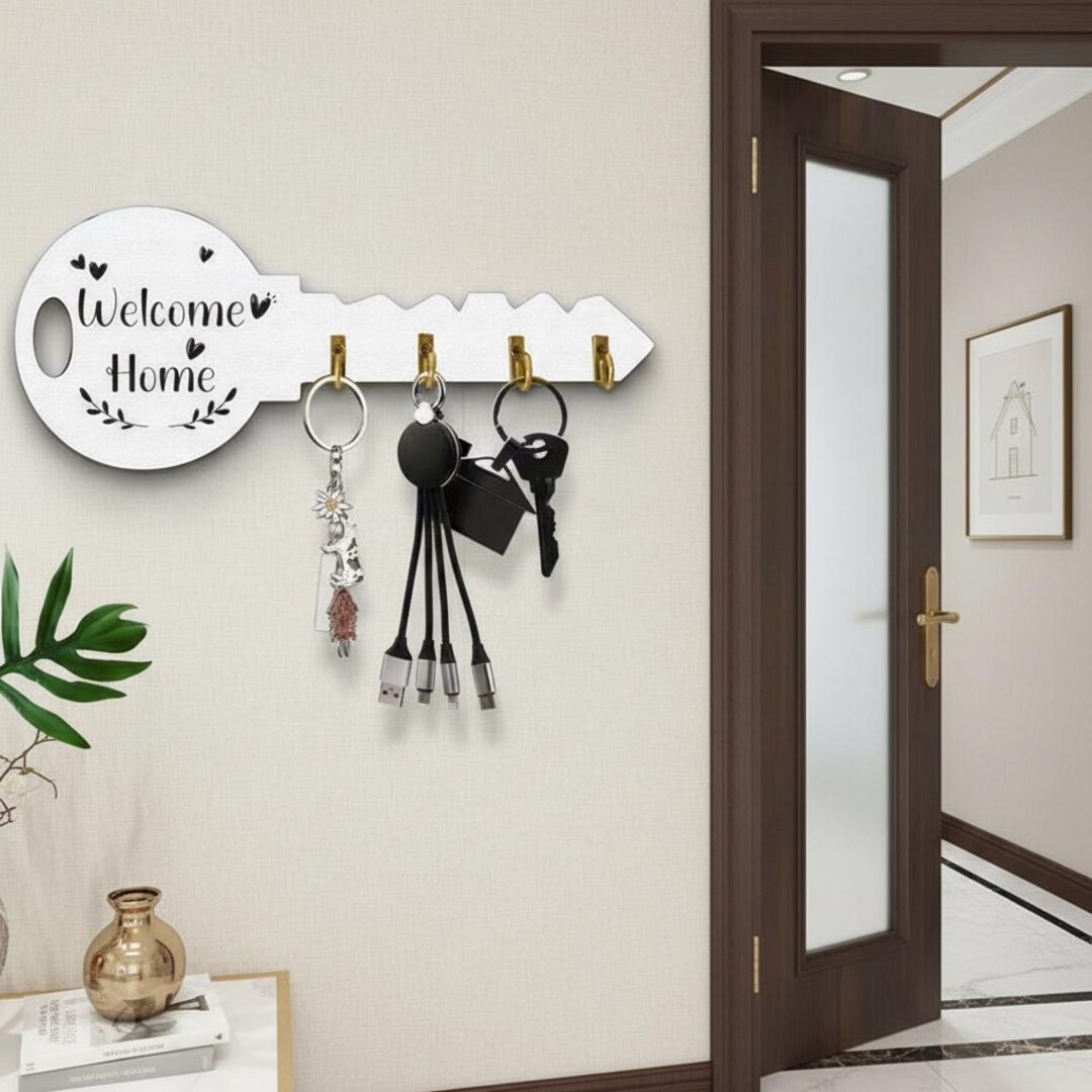 Modern Welcome Home Key Holder Wall Mount – Decorative Wooden Key Rack ...