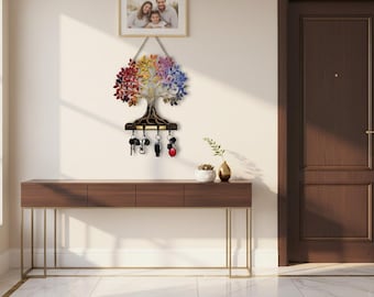 Tree of Life Key Holder Wall Mount, Wooden Entryway Organizer with Hooks, Colorful Decorative Key Rack for Home Decor Storage
