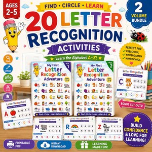 May include: A 2-volume educational bundle titled 20 Letter Recognition Activities for ages 2-5. The set includes two workbooks, My First Letter Recognition Adventure, featuring alphabet illustrations, letter tracing exercises, and bonus cut-outs.