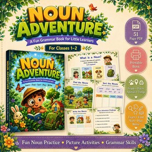 May include: A Noun Adventure grammar book for classes 1-2 featuring a cover with a child holding a magnifying glass, a rabbit, and a backpack. Includes printable PDF pages with activities like Find the Nouns, Sort the Nouns, and Write the Nouns.
