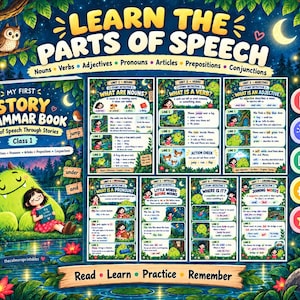Könnte beinhalten: Ein farbenfrohes Lernposter mit dem Titel Learn the Parts of Speech, das sieben Einheiten zu Substantiven, Verben, Adjektiven, Pronomen, Artikeln, Präpositionen und Konjunktionen enthält. Es zeigt ein Buchcover mit einem grünen Monster und einem Mädchen.