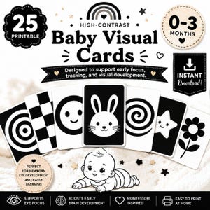 Peut inclure: Un ensemble de 25 cartes visuelles pour bébé à imprimer, contrastées, pour les 0-3 mois. Les cartes présentent des graphismes en noir et blanc, dont un lapin, une spirale, une étoile, une fleur et des motifs géométriques. Texte inclus.