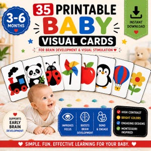 Peut inclure: Un ensemble de 35 cartes visuelles imprimables pour bébé présentant des illustrations contrastées d'un train, panda, coccinelle, moulinet, pomme, pingouin, montgolfière et fleur. Ces cartes sont conçues pour les 3-6 mois pour le développement cérébral.