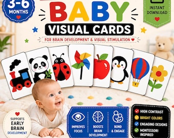 May include: A set of 35 printable baby visual cards featuring high-contrast illustrations of a train, panda, ladybug, pinwheel, apple, penguin, hot air balloon, and flower. The cards are designed for 3-6 months for brain development and visual stimulation.