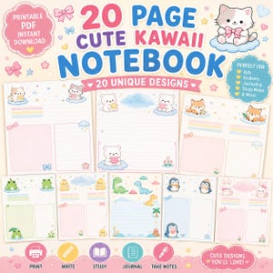 May include: A printable PDF notebook set featuring 20 unique pages with kawaii illustrations of cats, bears, foxes, frogs, chicks, dinosaurs, penguins, and rabbits. The pages include lined sections, grid boxes, and pastel-colored decorative elements.