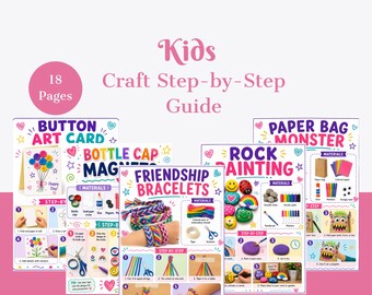 May include: An 18-page kids craft step-by-step guide featuring instructional cards for button art, bottle cap magnets, friendship bracelets, rock painting, and paper bag monsters. Each card includes colorful illustrations, material lists, and numbered steps.
