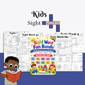 May include: A Sight Word Fun Bundle educational activity book cover featuring a colorful design with a sun, rainbow, and two children reading. The text includes Sight Word Fun Bundle, Trace, Read, Match, Color, and a list of sight words.