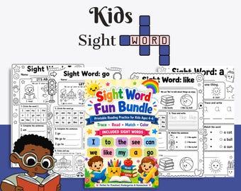 May include: A Sight Word Fun Bundle educational activity book cover featuring a colorful design with a sun, rainbow, and two children reading. The text includes Sight Word Fun Bundle, Trace, Read, Match, Color, and a list of sight words.