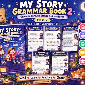 Puede incluir: My Story Grammar Book 2 es un libro de ejercicios educativo para segundo grado con una portada nocturna que muestra a dos niños y un gato en un tejado. Incluye páginas PDF imprimibles sobre sustantivos, verbos, pronombres y preposiciones.