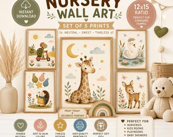 May include: A set of five nursery wall art prints featuring watercolor illustrations of a turtle on a scooter, a giraffe, a swan, a hedgehog with balloons, and a deer. The prints include text such as NURSERY WALL ART, SET OF 5 PRINTS, and 12x15 RATIO.