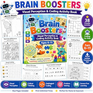 Coding Activities for Kids Ages 6-11, STEM Printable Workbook, Visual Perception Games, Brain Boosters PDF