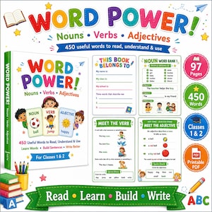 Puede incluir: Un libro educativo titulado WORD POWER! Nouns, Verbs, Adjectives, que contiene 450 palabras para las clases 1 y 2. La portada muestra niños sosteniendo tarjetas con palabras e ilustraciones. Incluye páginas para datos personales, bancos de sustantivos, lecciones de verbos y ejercicios de adjetivos.