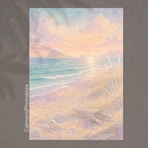 May include: A watercolor-style print featuring a coastal landscape with a sandy beach, seashells, and a piece of driftwood in the foreground. The ocean meets a distant rocky island under a soft, pastel-colored sky with clouds. Text reads CalmoraPrintables.