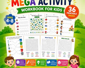 Preschool Learning Activities Workbook | Tracing, Mazes, I Spy, Word Search (Digital Download)