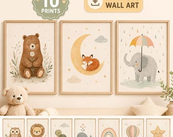 May include: A set of 10 printable wall art prints featuring watercolor illustrations of animals including a bear, fox, elephant, owl, lion, turtle, and whale, alongside a rainbow, hot air balloon, and star, all in soft neutral tones.