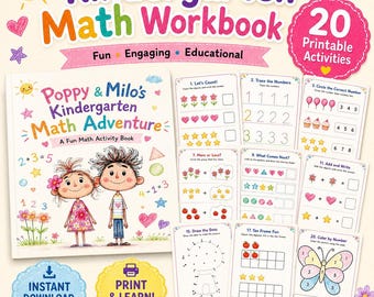 May include: A kindergarten math workbook titled Poppy & Milo's Kindergarten Math Adventure, featuring illustrations of two children, math equations, and 20 printable activity pages with counting, tracing, and coloring exercises for early learners.