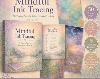 May include: A Mindful Ink Tracing book with 50 tracing pages, featuring a soft pastel landscape cover with a lake and mountains. Includes instructional pages, a list of 50 tracing pages, printable PDF format, and text: Peaceful Tracing, Stress Relief, Creative Focus.