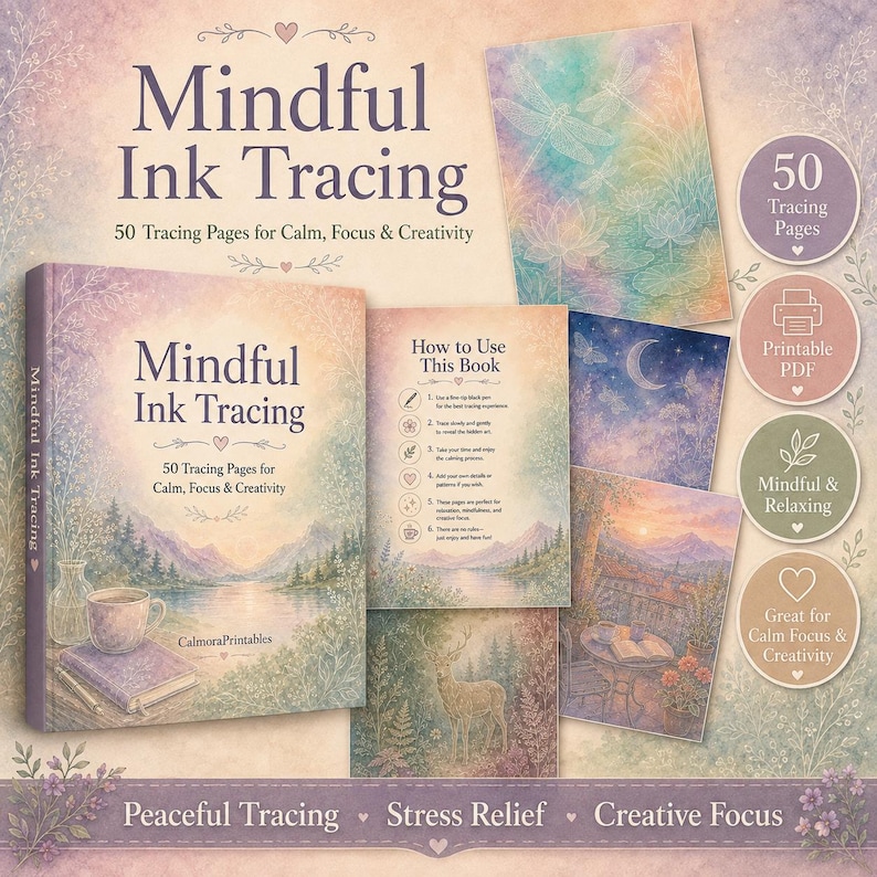 May include: A Mindful Ink Tracing book with 50 tracing pages, featuring a soft pastel landscape cover with a lake and mountains. Includes instructional pages, a list of 50 tracing pages, printable PDF format, and text: Peaceful Tracing, Stress Relief, Creative Focus.