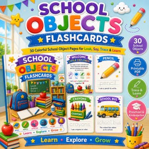 Könnte beinhalten: Ein Set von Lernkarten mit dem Titel School Objects Flashcards, das bunte Illustrationen eines Rucksacks, von Büchern, Buntstiften und einem Schulbus zeigt. Die Karten enthalten Text zum Nachspuren und Symbole zum Lernen.